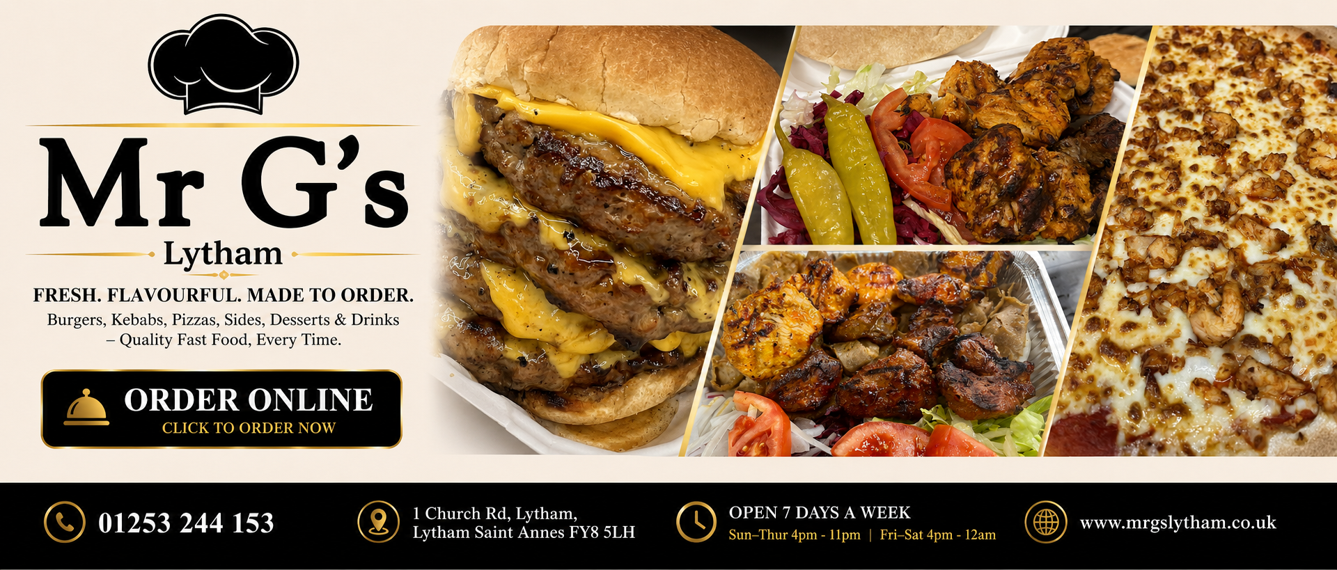 Mr G’s Lytham food banner showing burger, kebabs, pizza and online order information